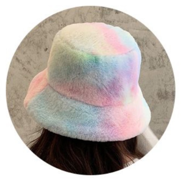Women Tie Dye Rainbow Fluffy Faux Fur Bucket Hat - Picture 8 of 12